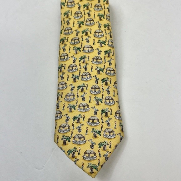 Vineyard Vines Yellow Silk Pelican Fish Tie Necktie Tropoical Palm Trees - Picture 3 of 7